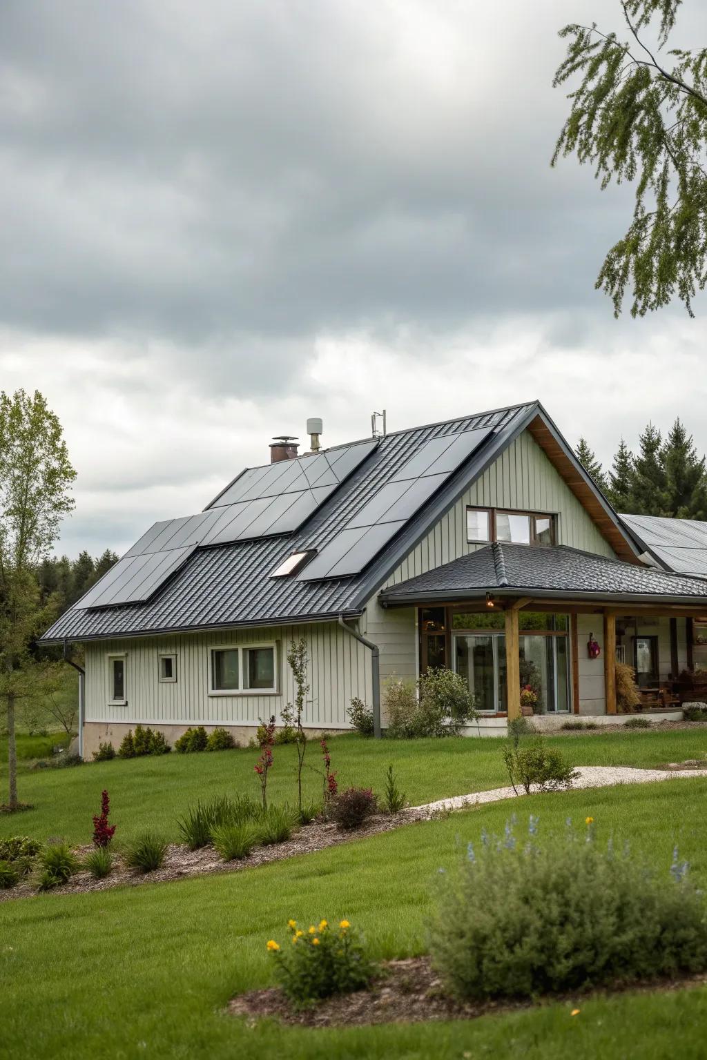 A metal roof seamlessly integrated with solar panels.