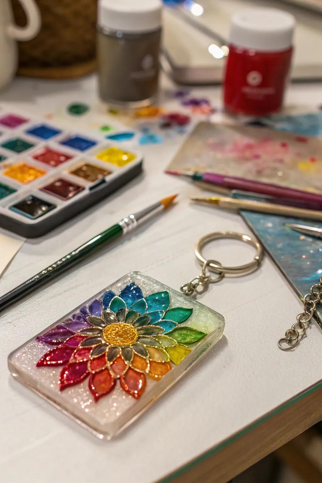 Create dazzling designs with resin art keychains.