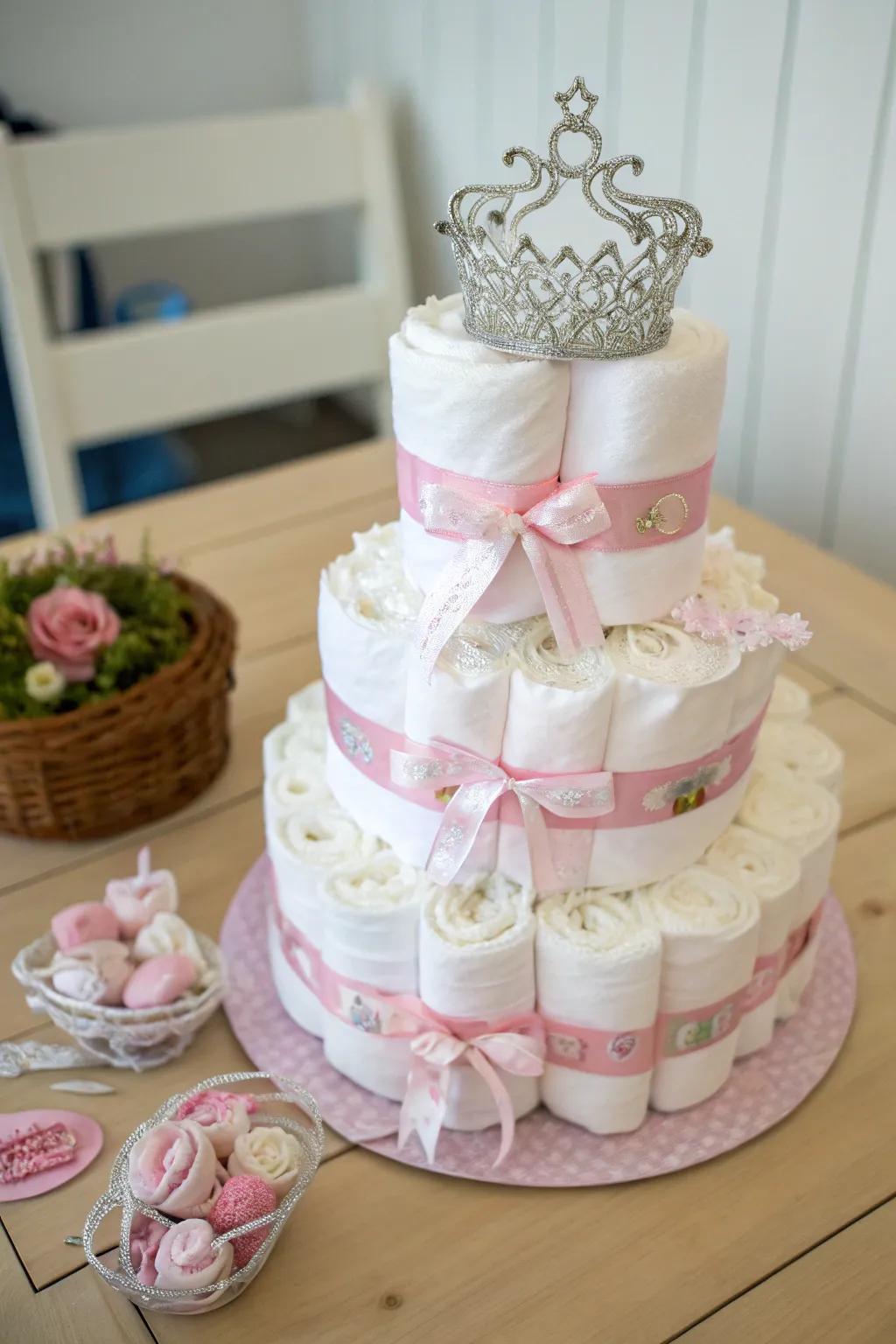 Charming Princess Diaper Cake: A Perfect Blend of Minimalism and Boho Elegance for Your Little One's Arrival!