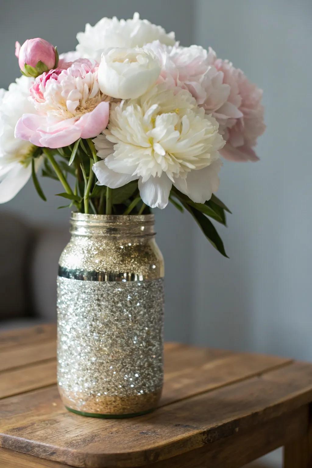 Add a touch of sparkle and elegance to your space with these glittery mason jar vases. Perfect for showcasing your favorite blooms in style.