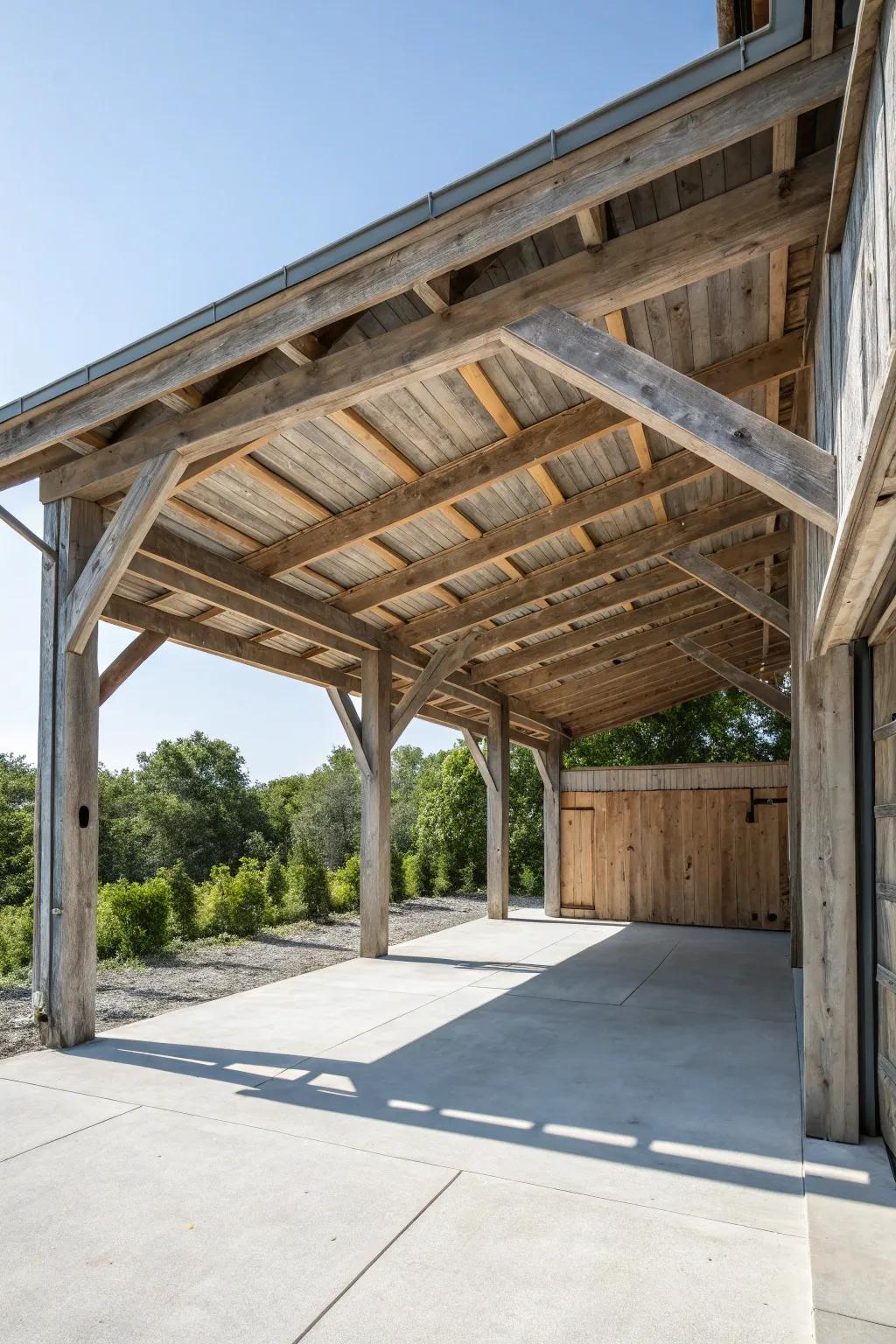 An open-air wood carport design for maximum airflow and visibility.