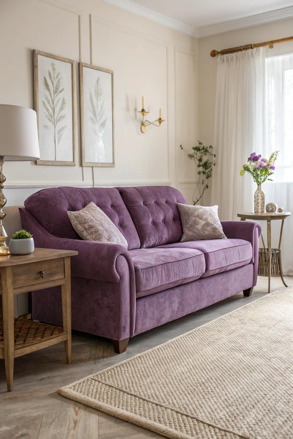 A plush purple velvet sofa central to a modern living room.