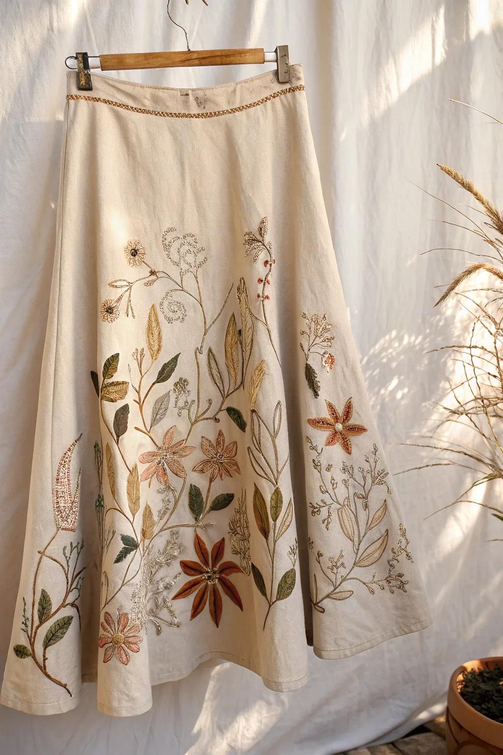 Transform old into gold: Embrace the art of free motion embroidery with this beautifully upcycled skirt.