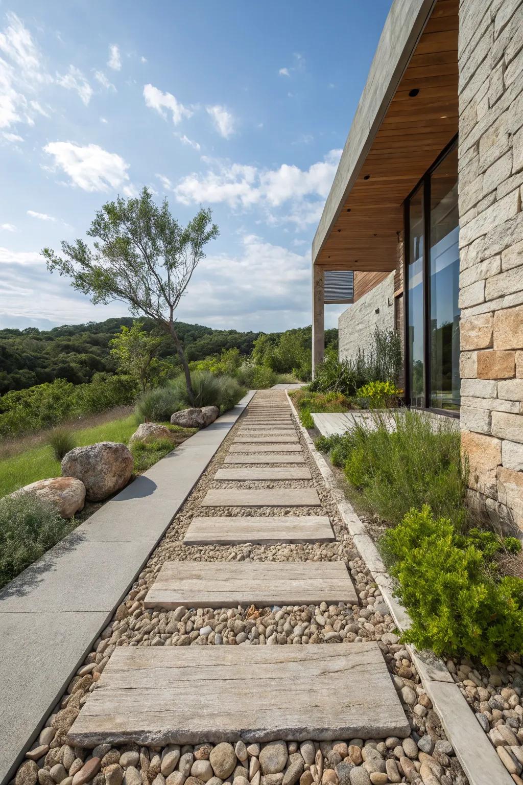 A modern rustic stone walkway blending styles.