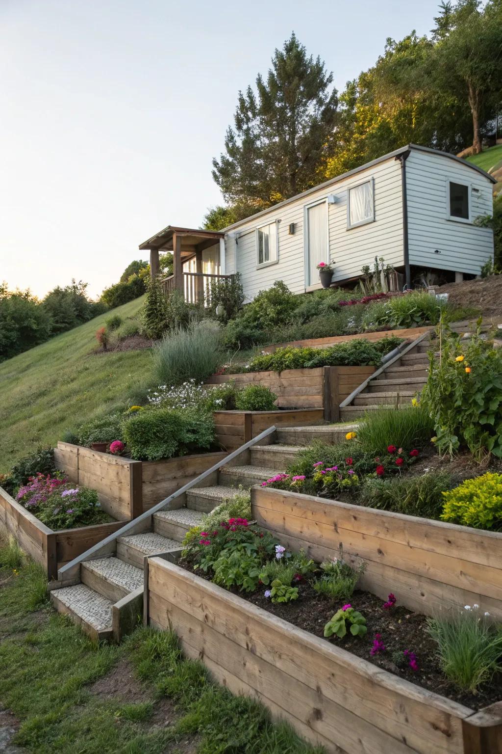 Terraced beds add depth and complexity to a flat mobile home yard.