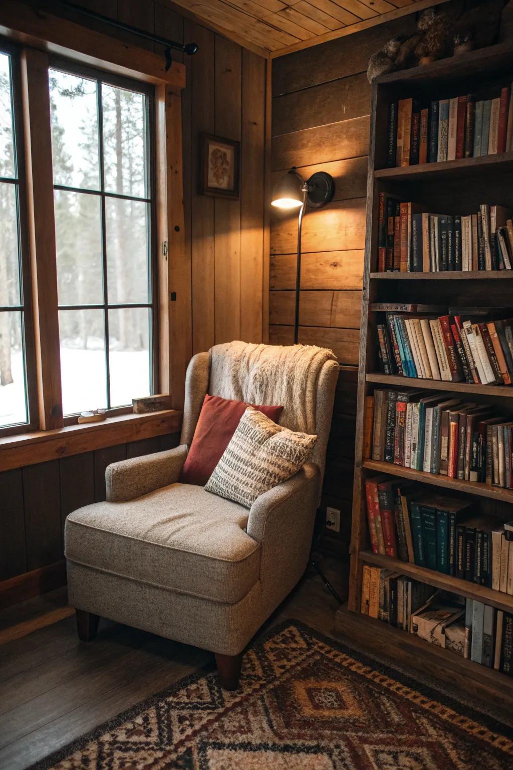 A reading nook offers a peaceful escape within your man cave.