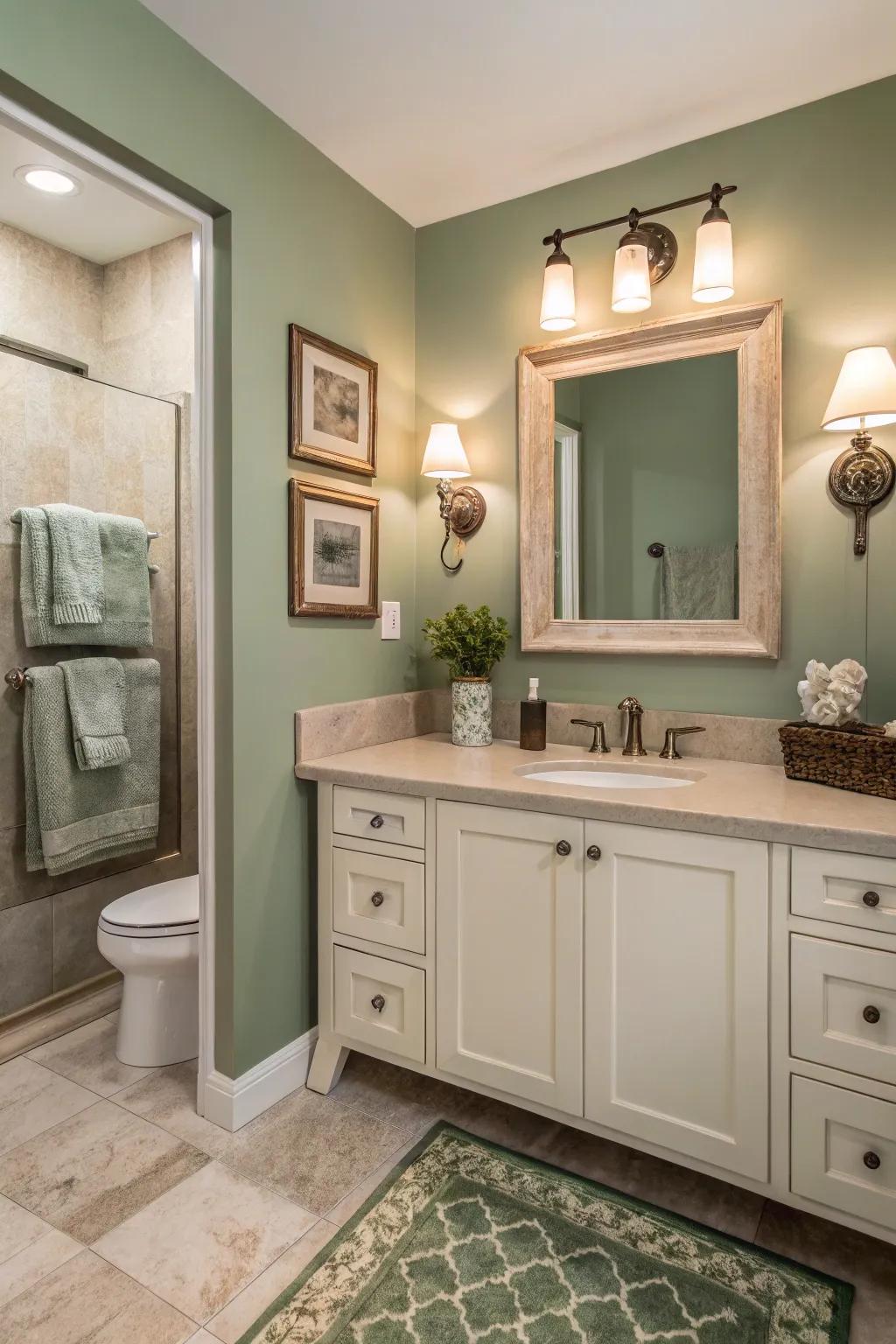 A sage green accent wall adds depth and character.