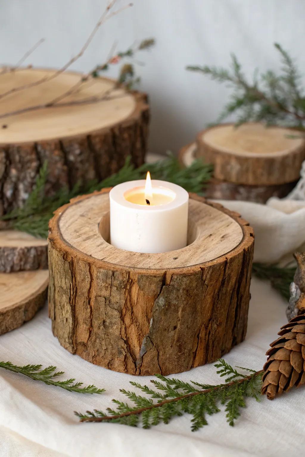 Bring the magic of the forest to your table with this rustic log candle holder.