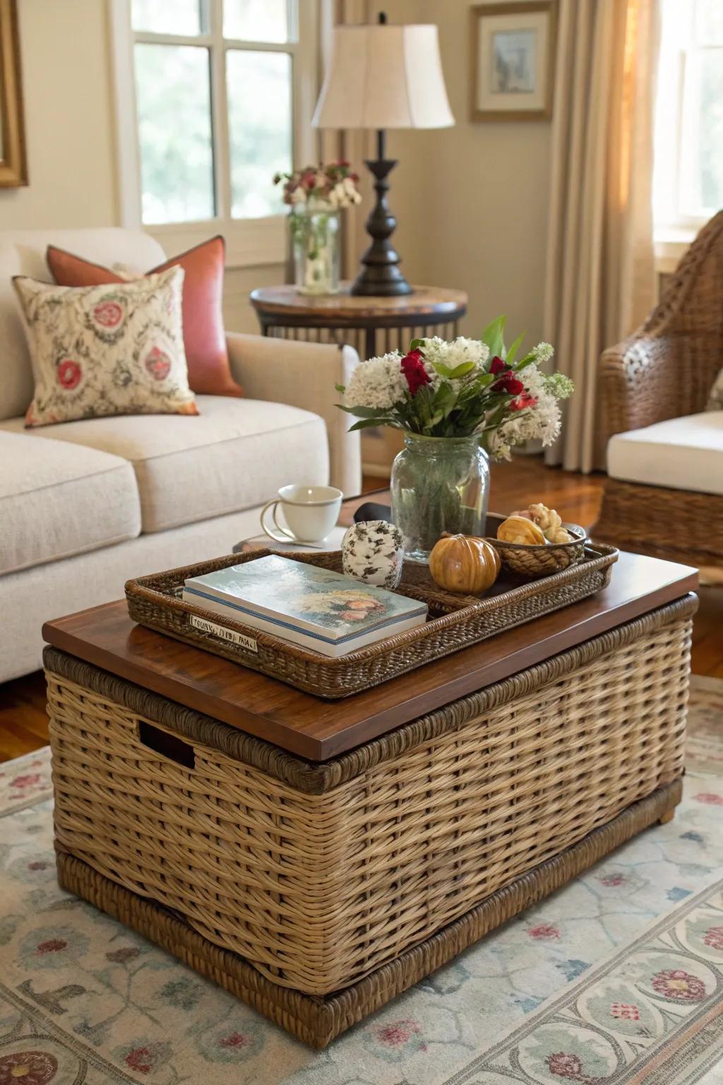 A lidded basket offers a practical and stylish coffee table alternative.