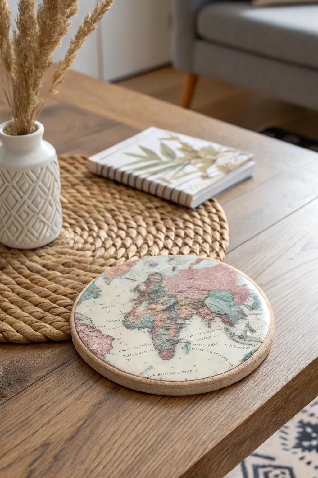 Travel back in time with these charming vintage map coasters, perfect for your next coffee break!