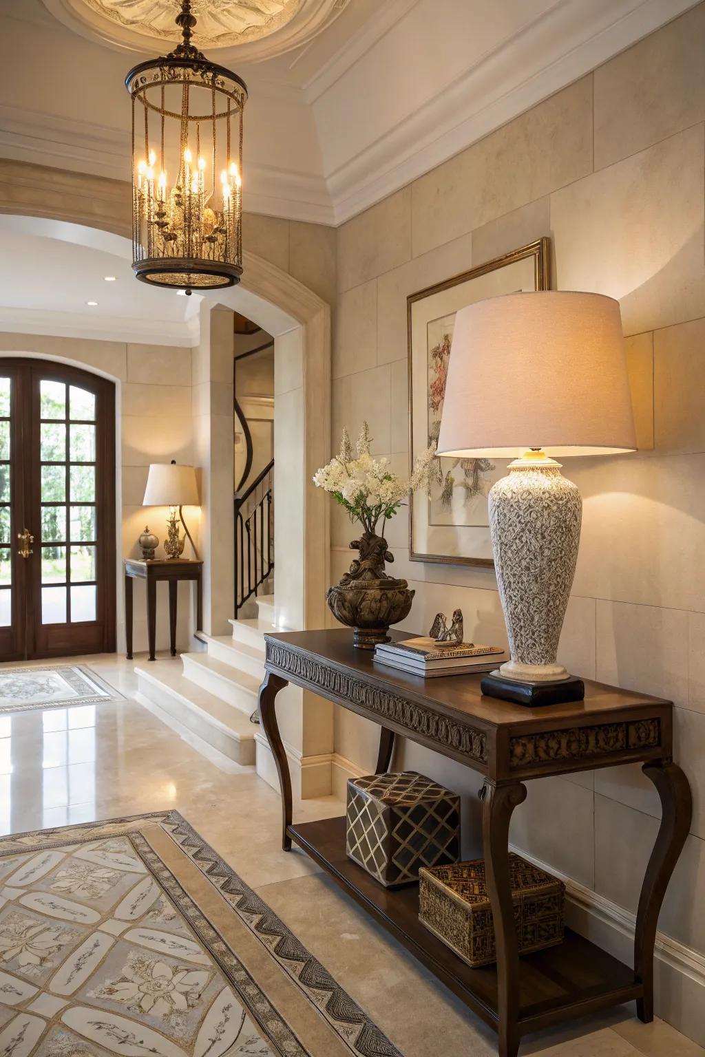 A table lamp brings warmth and style to the entryway.