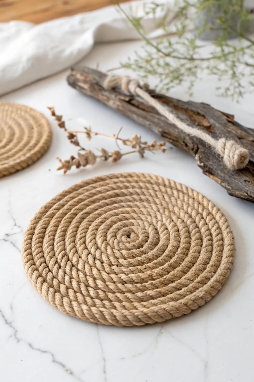 Bring a touch of the coast into your home with these elegant jute rope coasters. Simple, yet beautifully crafted.