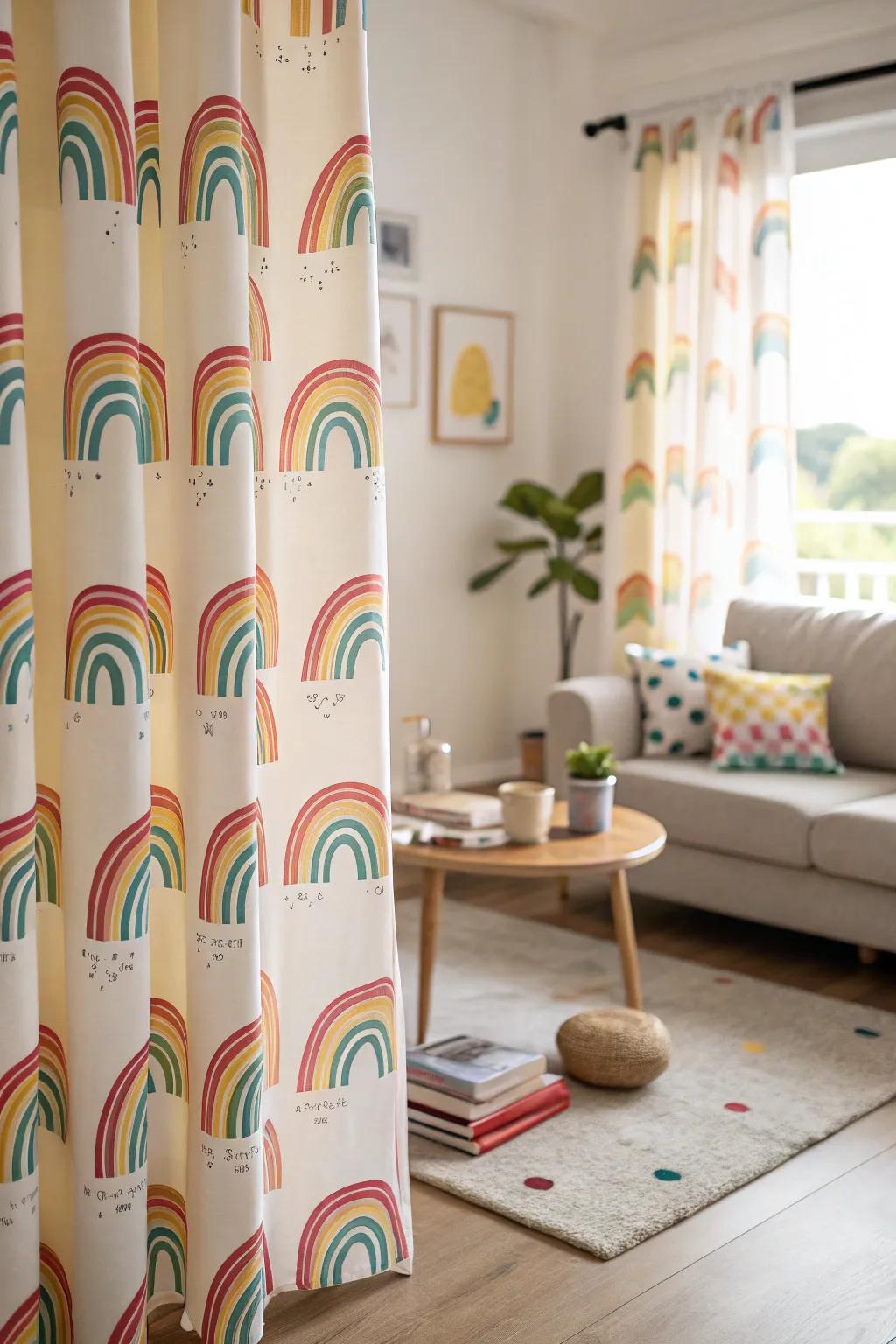 Rainbow curtains frame your view with playful color.