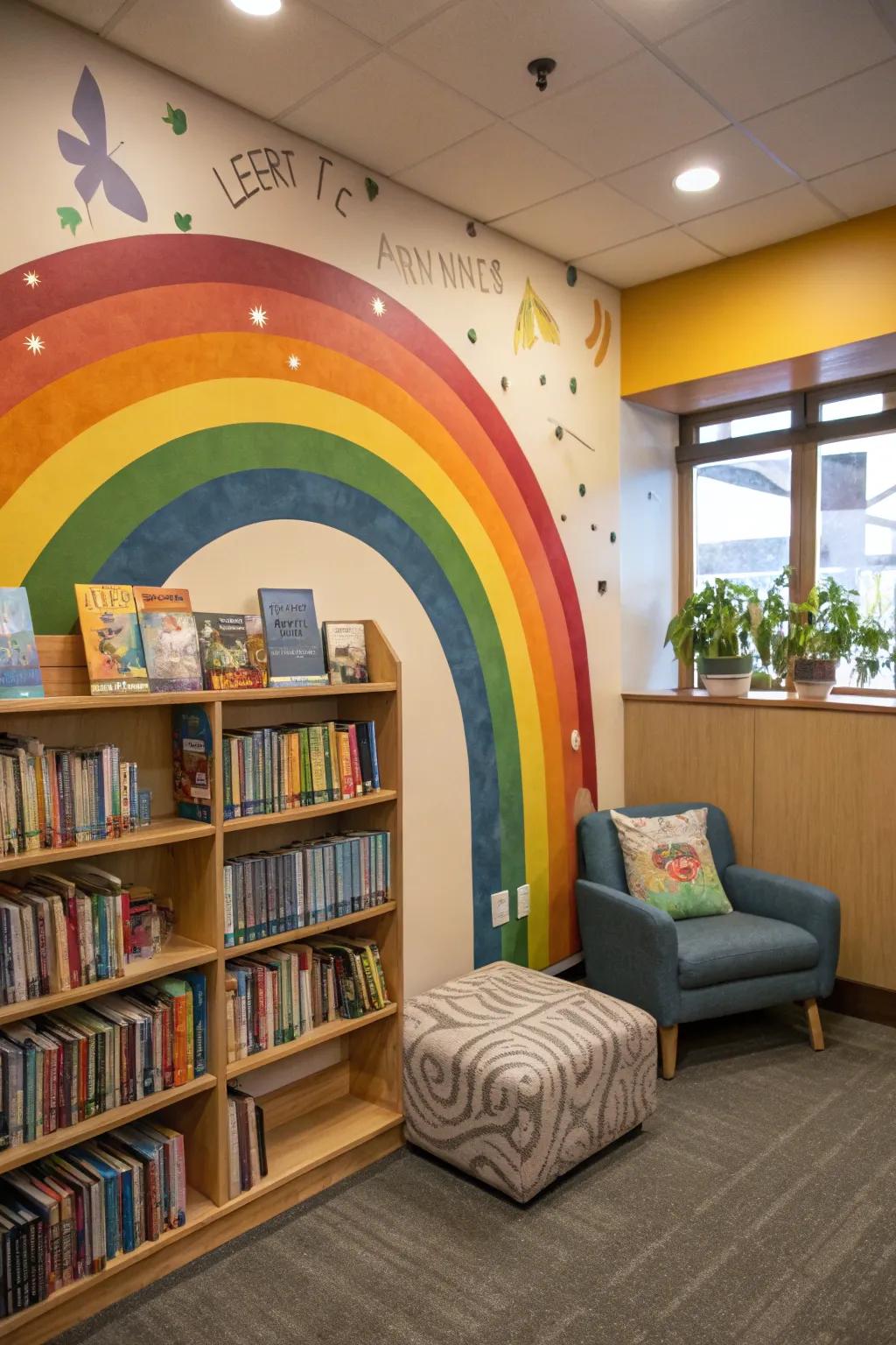 A rainbow mural makes a reading nook inviting and magical.