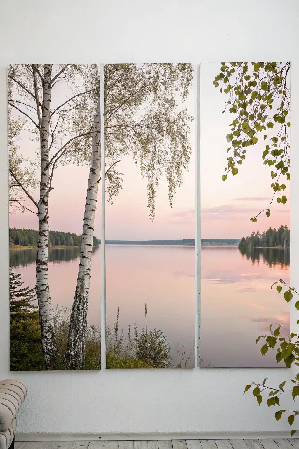 Find peace in nature's reflection with this minimalist lake scene triptych.