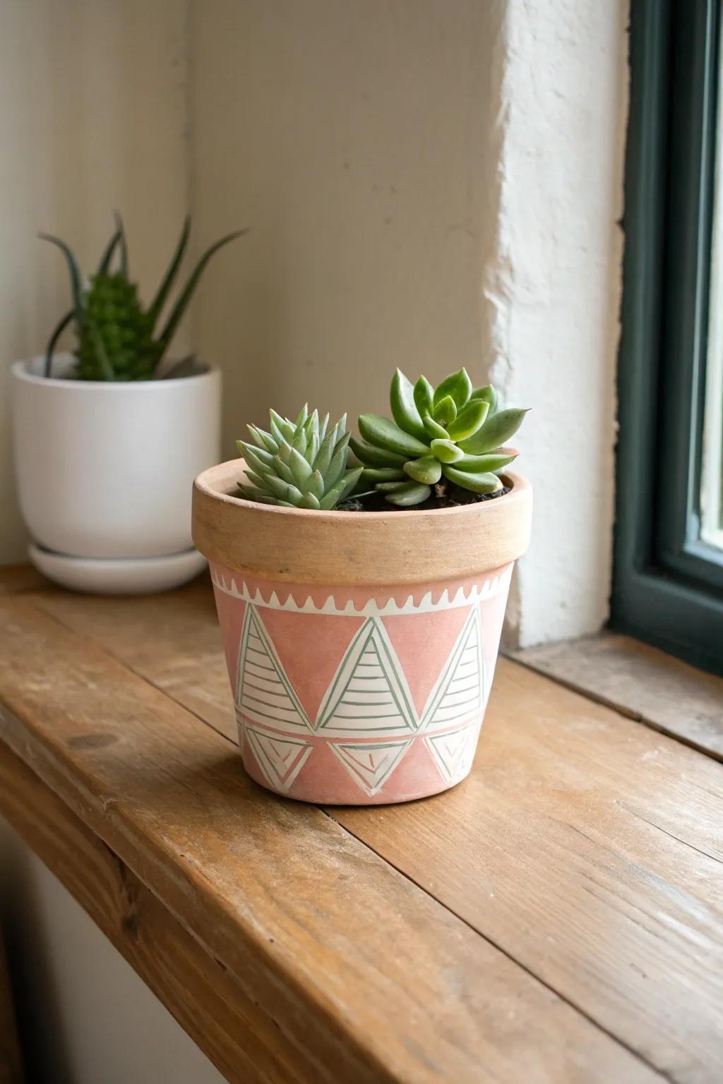 Elevate your space with a touch of artistry: personalize your clay pots with minimalist geometric designs.