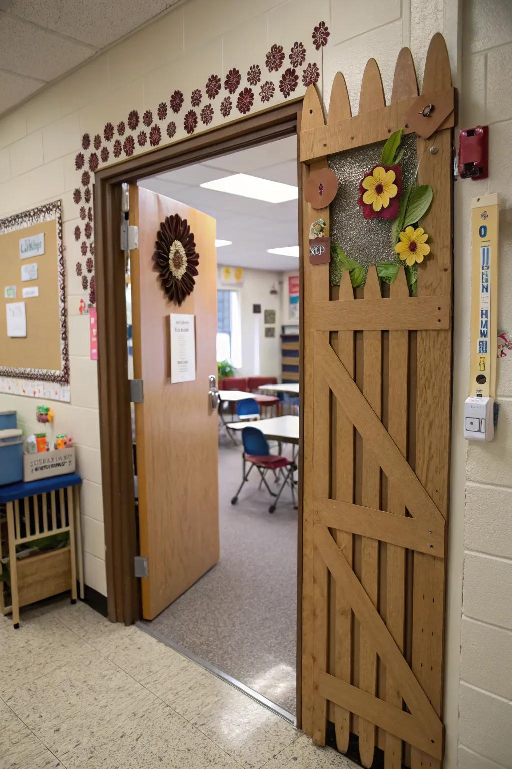 A garden gate creates a welcoming entrance to the classroom.