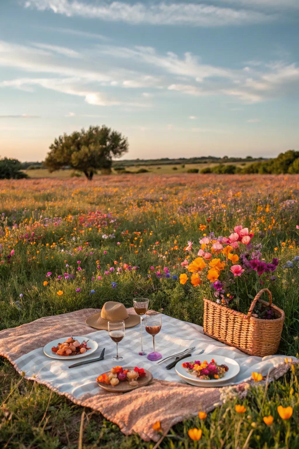 A whimsical picnic in a sea of flowers.