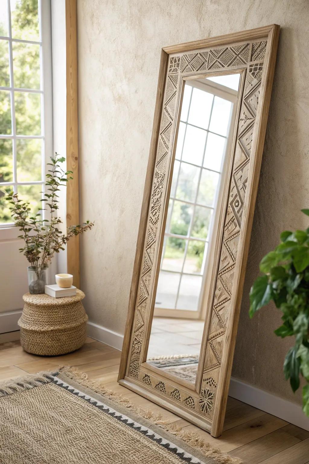 Effortlessly chic: A full-length mirror casually leaning for a relaxed, minimalist vibe.