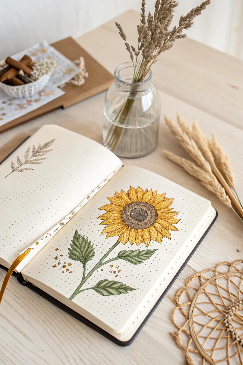Capture the essence of summer with sunflower-themed bullet journal spreads. ð»â¨ #BulletJournal #ScandiBoho