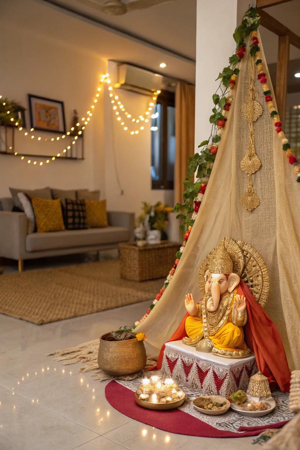 A mix of silk and jute textures adds sophistication to this Ganpati setup.