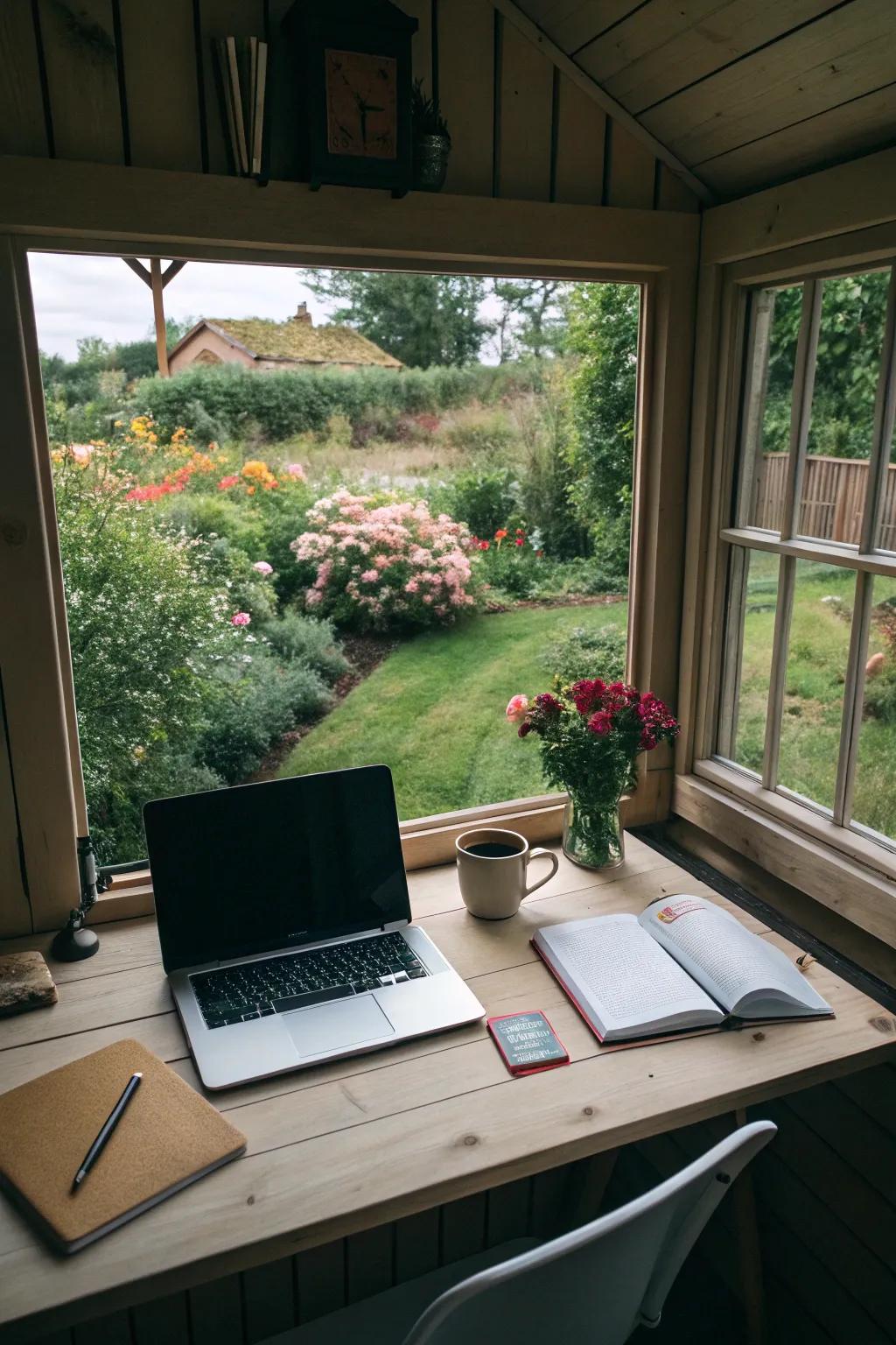 A garden view from your desk inspires creativity and focus.