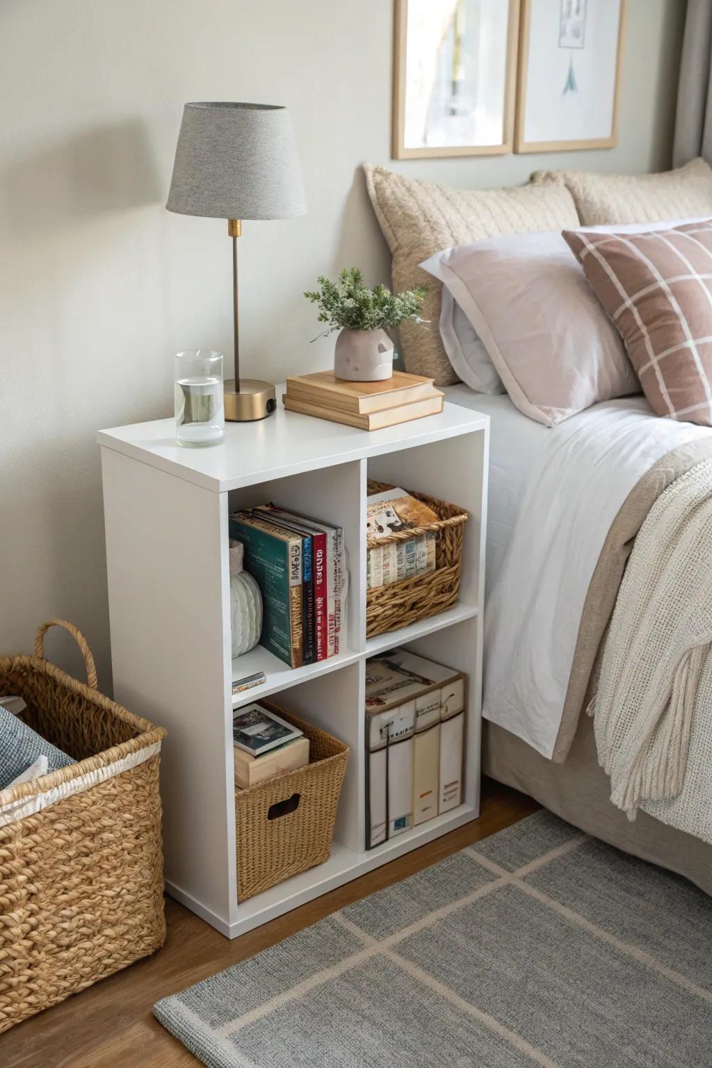 Keep your bedside essentials organized with cube storage.