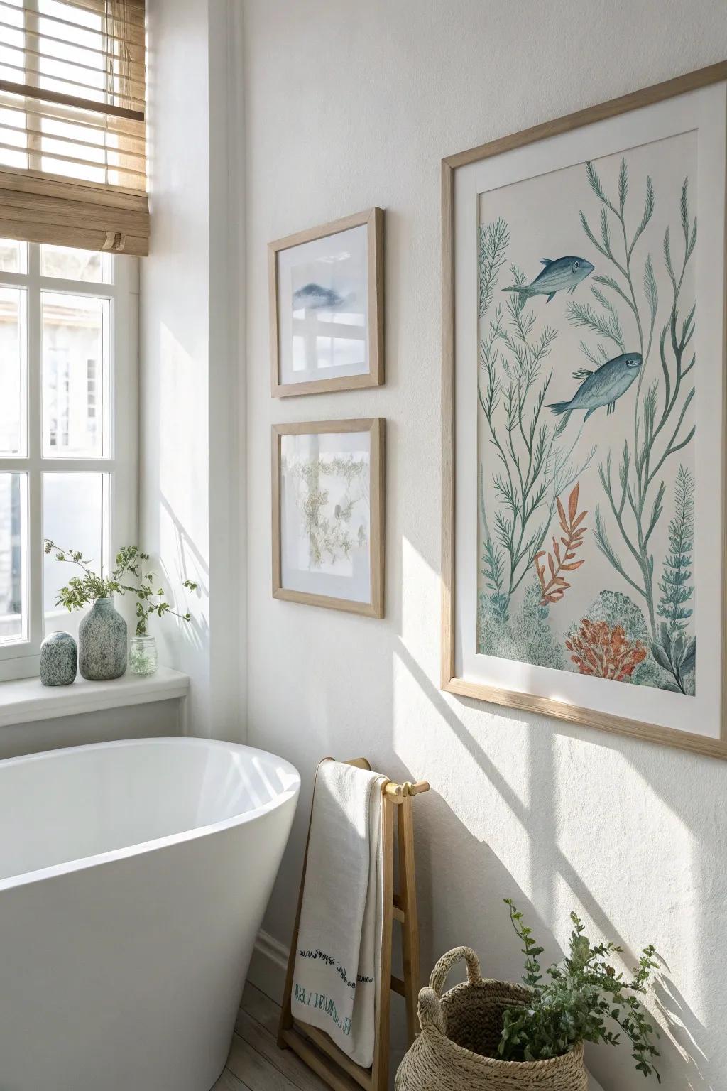 Dive into serenity with this whimsical water-themed collage, a perfect blend of art and tranquility for your bathroom oasis.