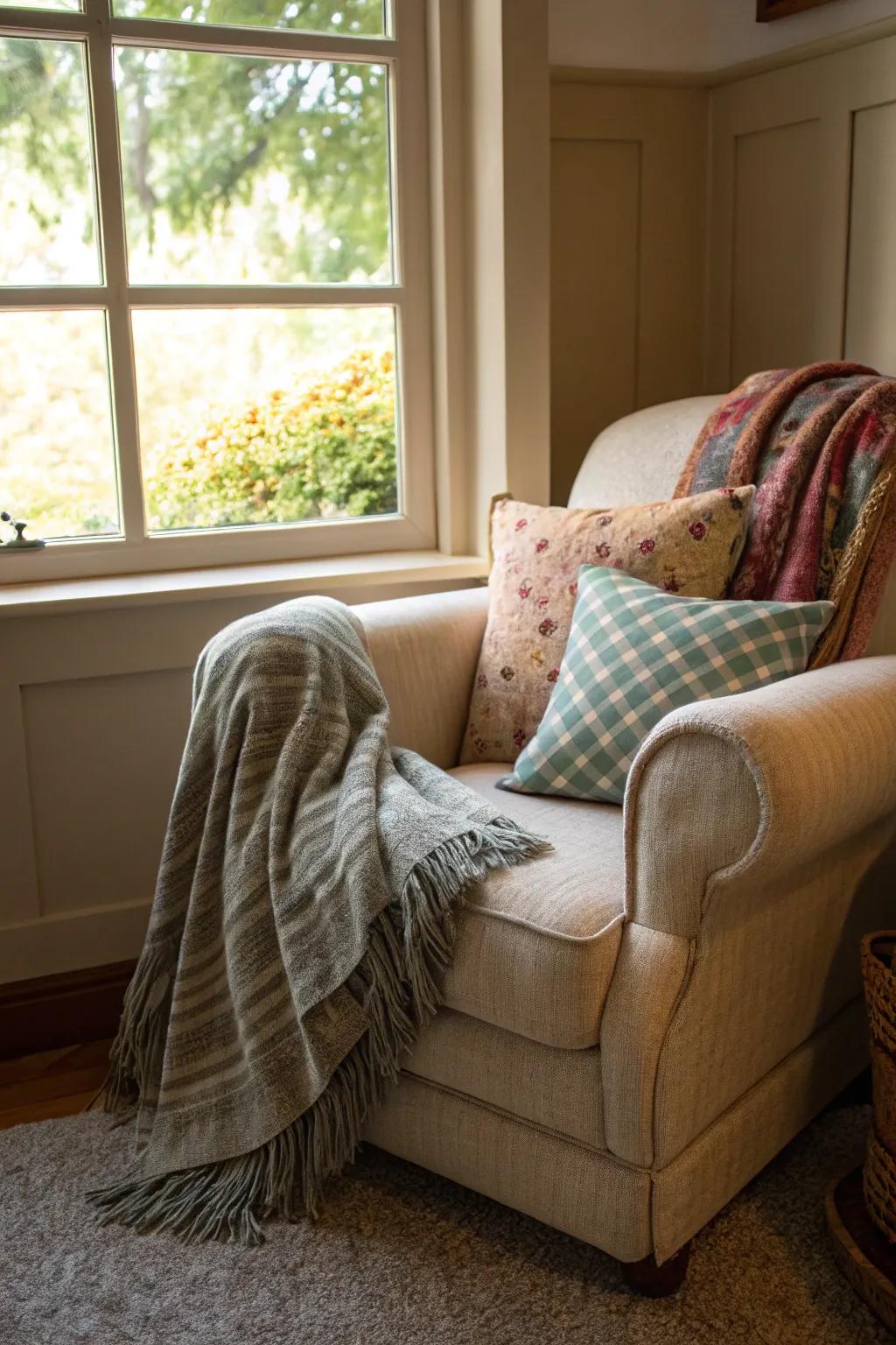 Comfortable seating with cushions and throws makes a small nook inviting.