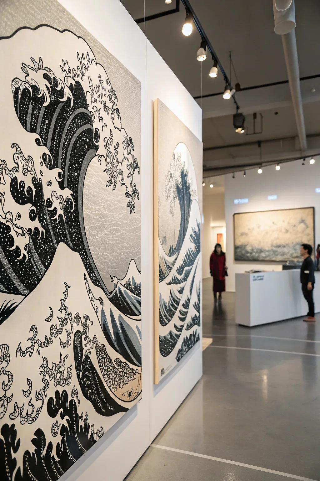 Dynamic abstract waves in a black and white painting.