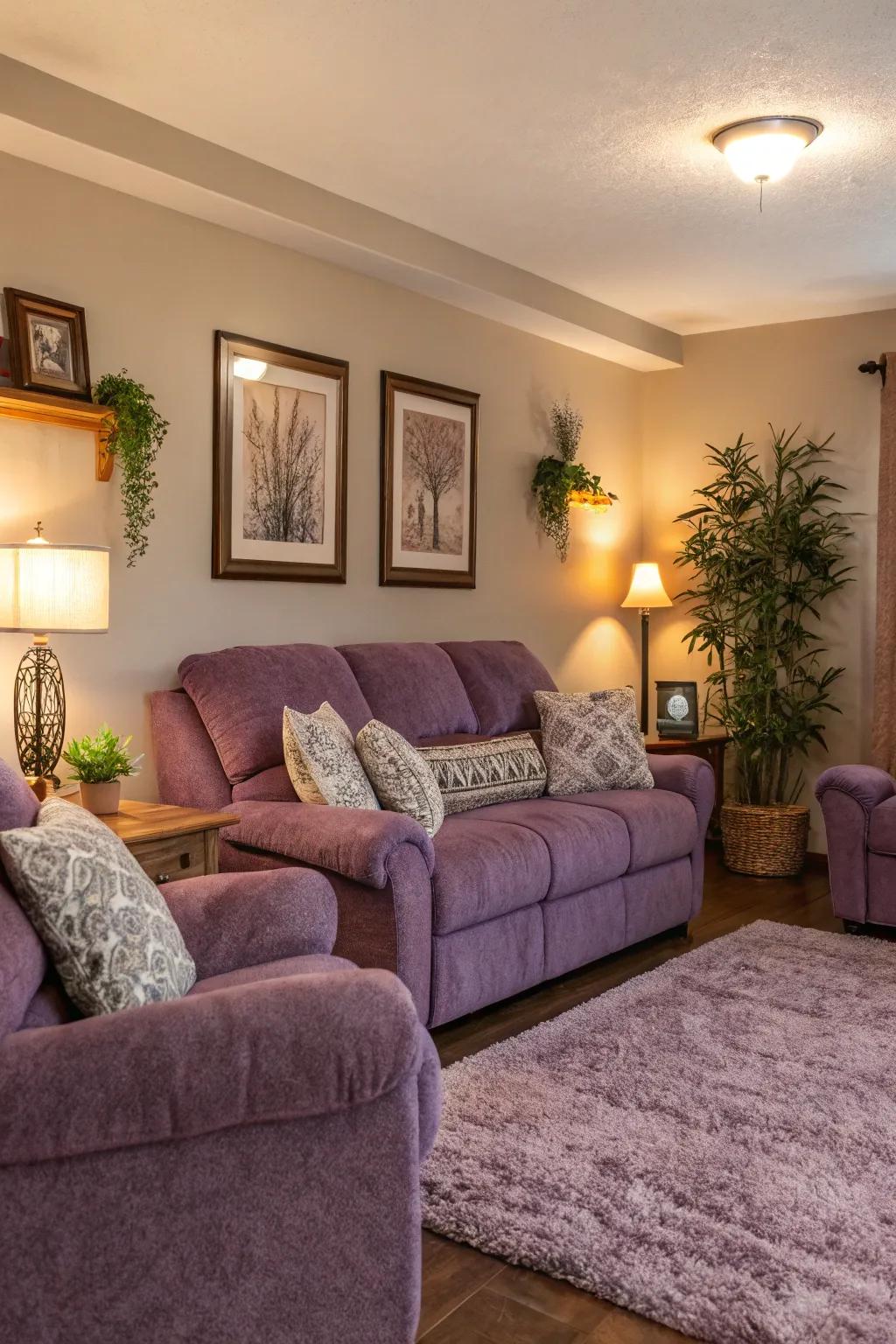 Purple textiles adding warmth and texture to the living room.