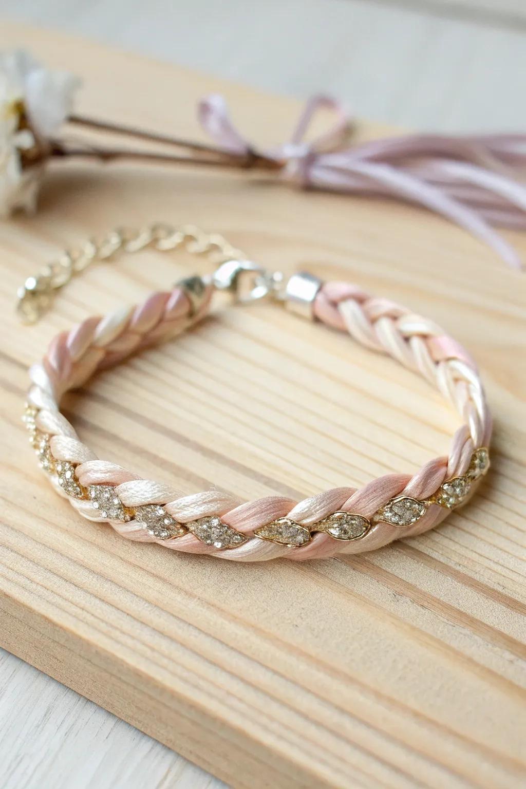 Embrace the charm of handcrafted beauty with this braided ribbon bracelet, perfect for a subtle holiday touch.