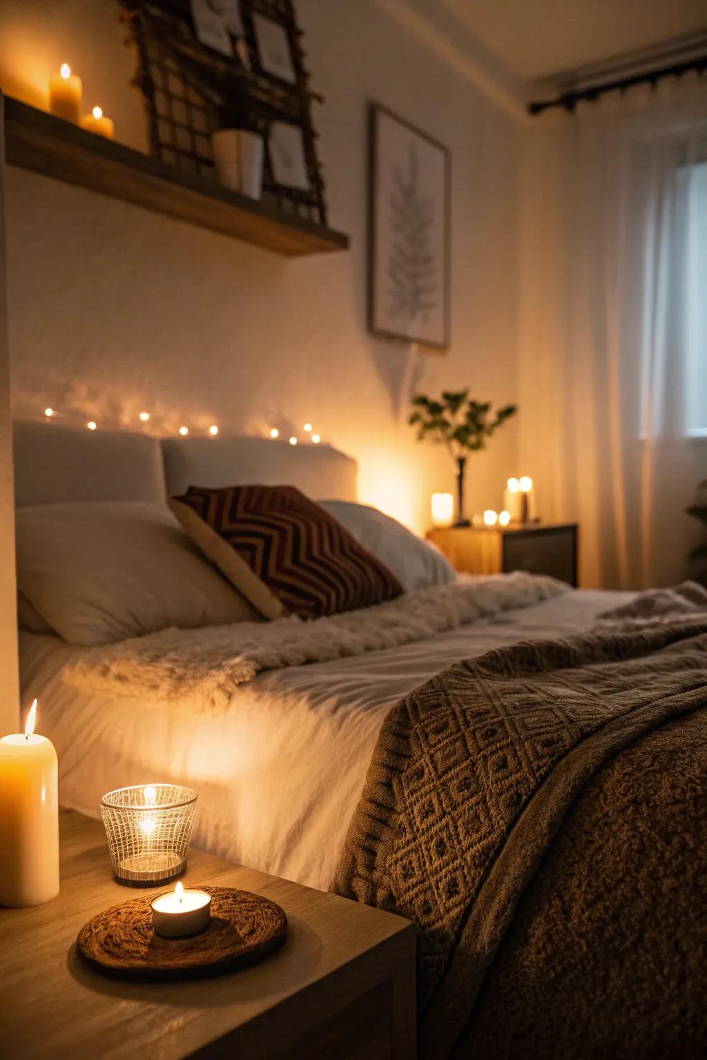 Dim lighting and flickering candles set the perfect mood for romance.