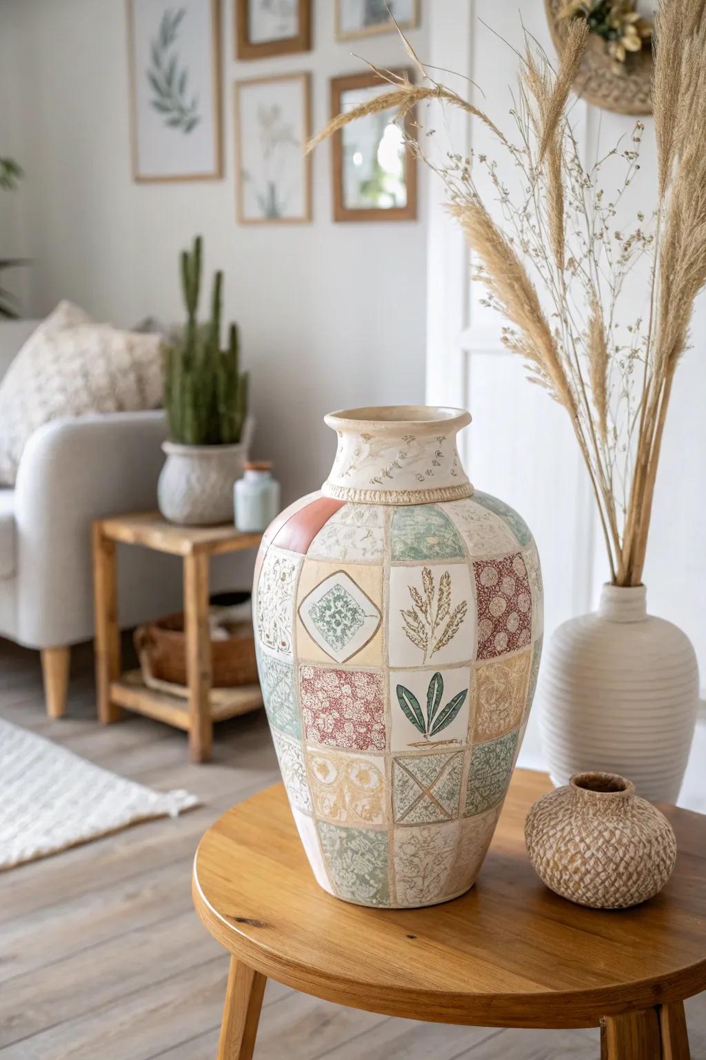 Elevate your space with eclectic charm: a stunning patchwork vase for the minimalist Boho lover.