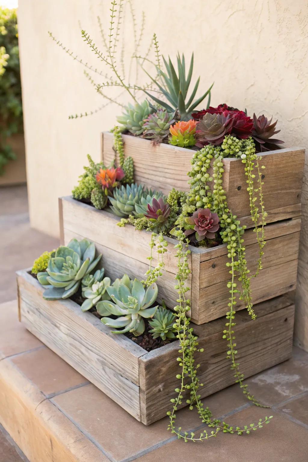 Elevate your garden with the natural beauty of tiered planter boxes, where simplicity meets vibrant design.