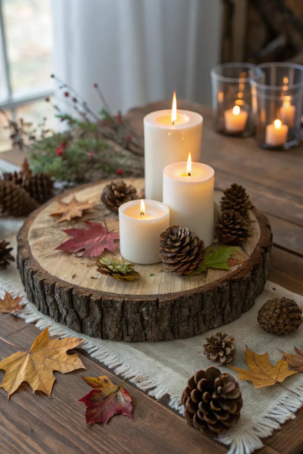 Wood slices provide a rustic charm to holiday decorations.