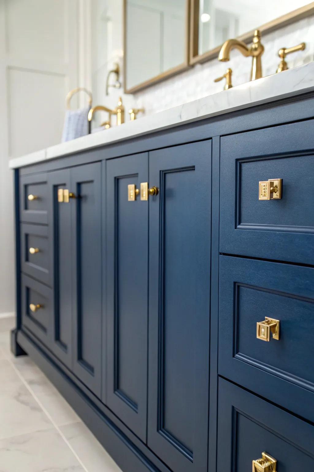 Navy cabinets adorned with gold hardware create a dramatic and stylish look.