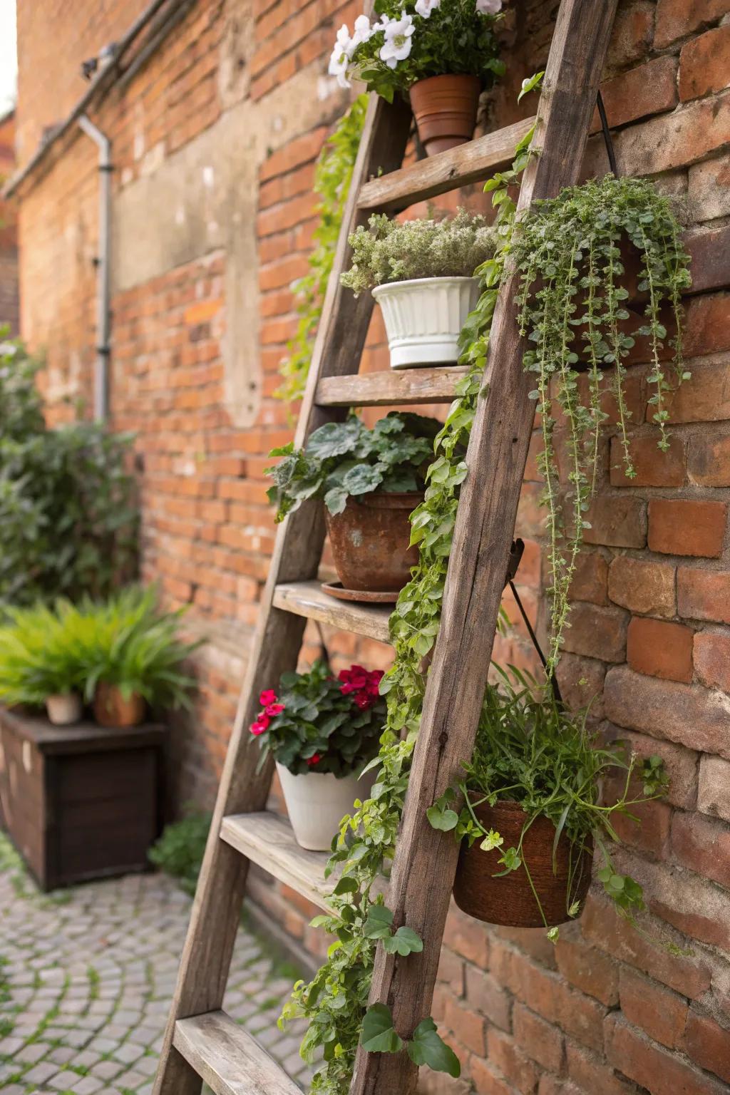 A vintage ladder transformed into a plant shelf, showcasing cascading greenery for a unique outdoor display.