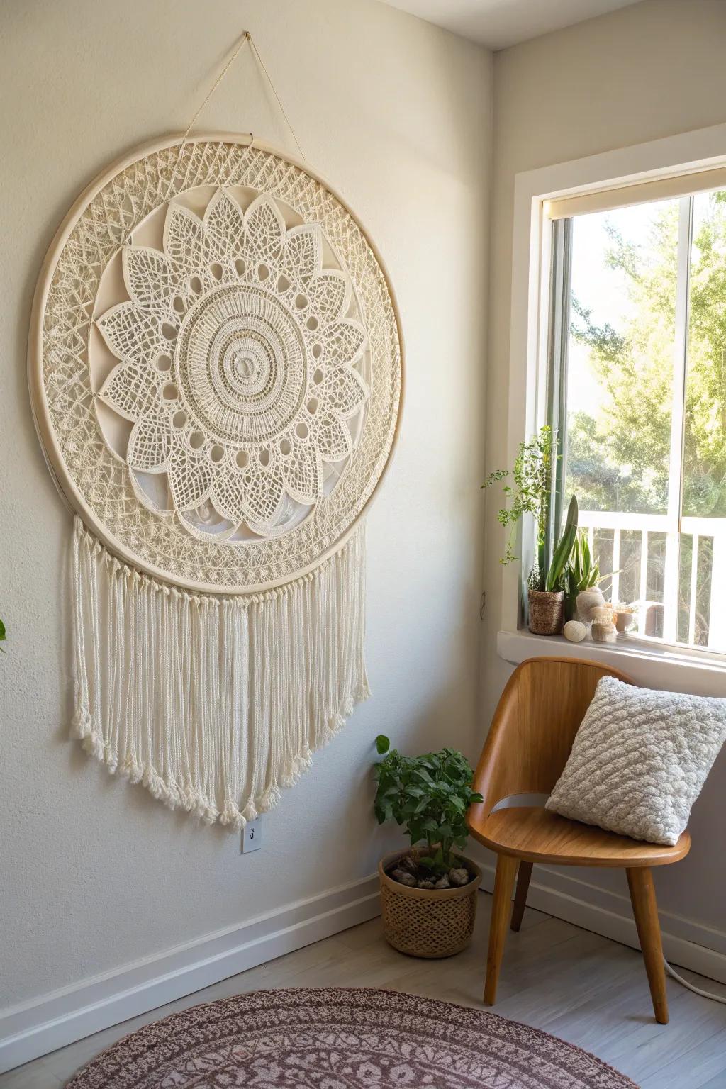 Elevate your space with this stunning oversized doily wall hangingâwhere minimalism meets boho elegance.