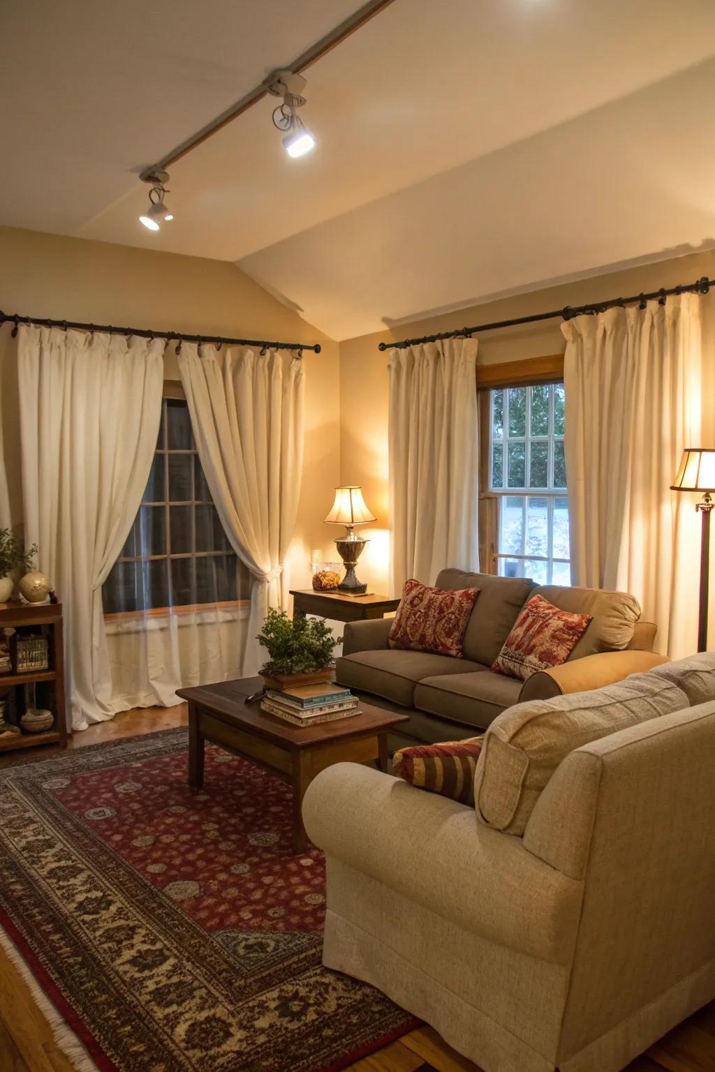 Casual drapes add a relaxed, inviting atmosphere.