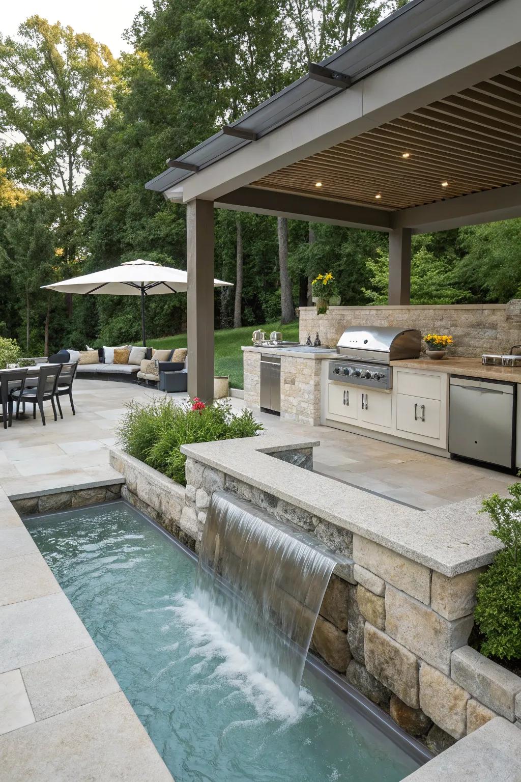 A stunning outdoor kitchen with an elegant water feature.