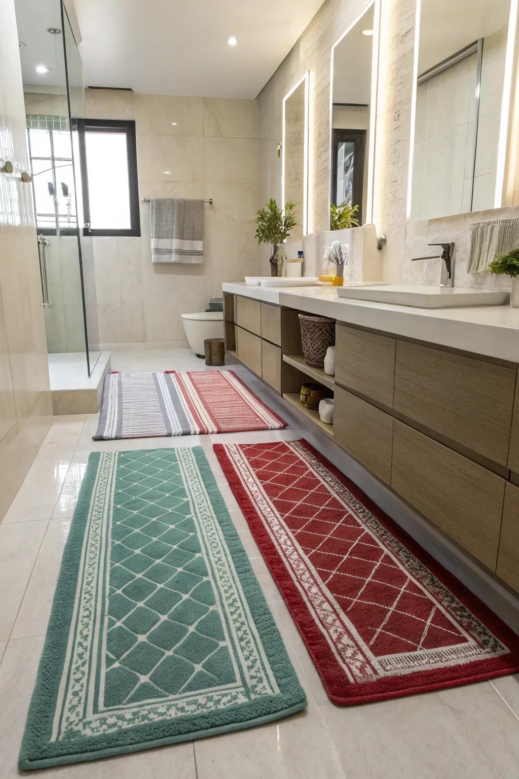 Rugs add comfort and define zones in a long bathroom.