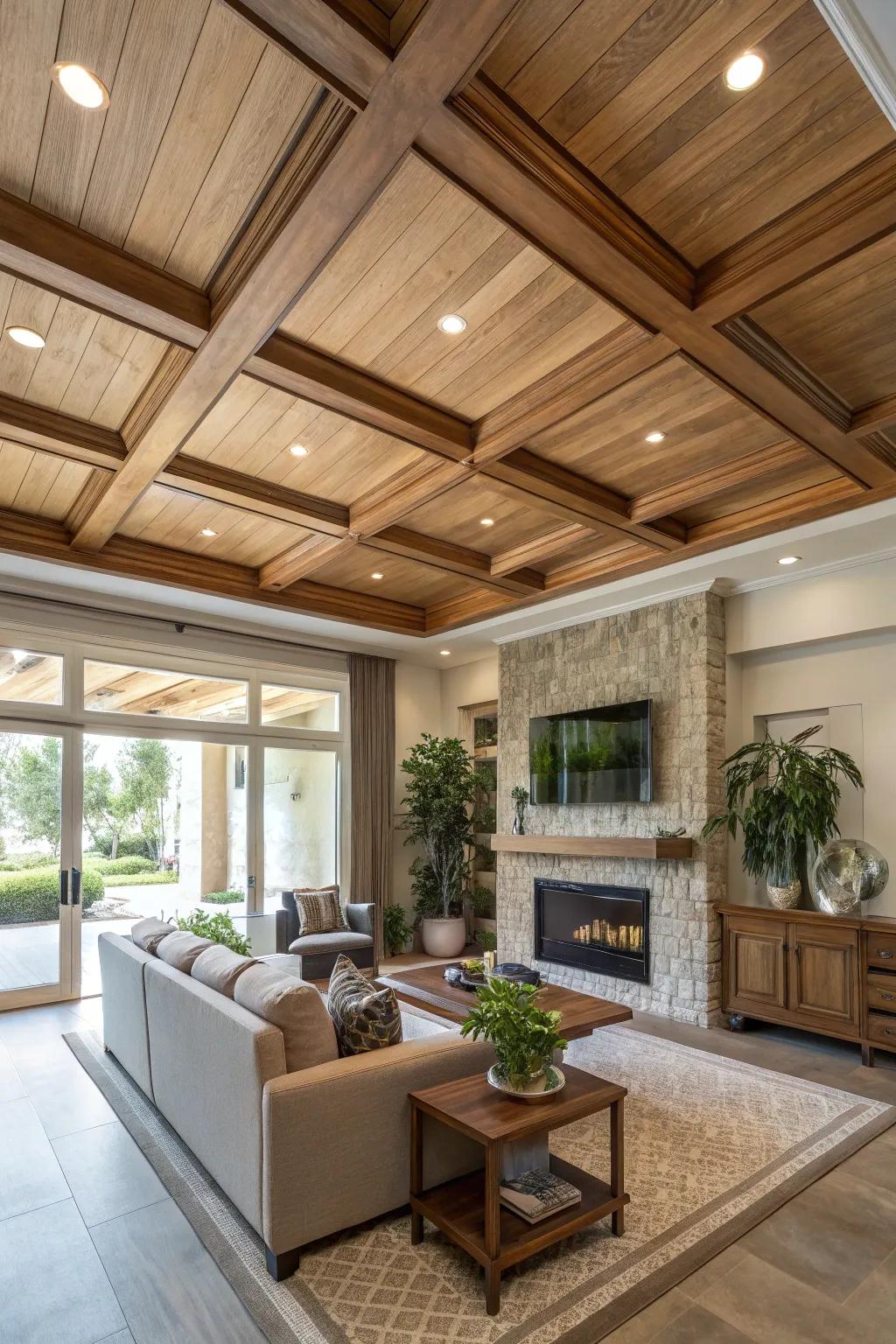 Eco-friendly materials add a natural touch to coffered ceilings.