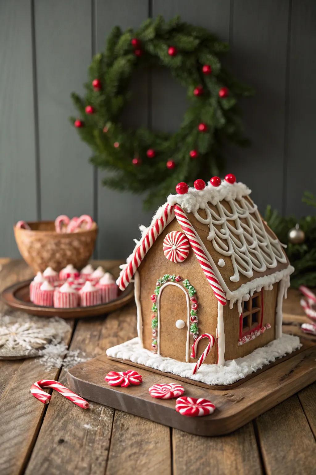 A whimsical candy cane paradise gingerbread house, perfect for the holiday season.