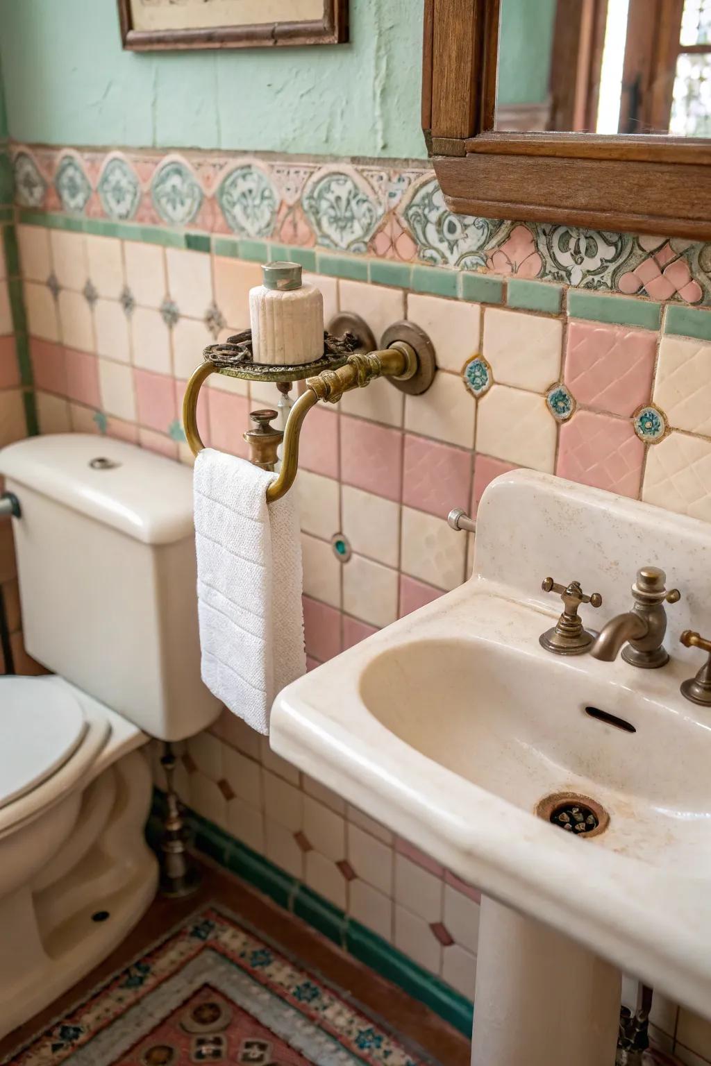 Antique faucets repurposed as holders bring vintage charm to any bathroom.
