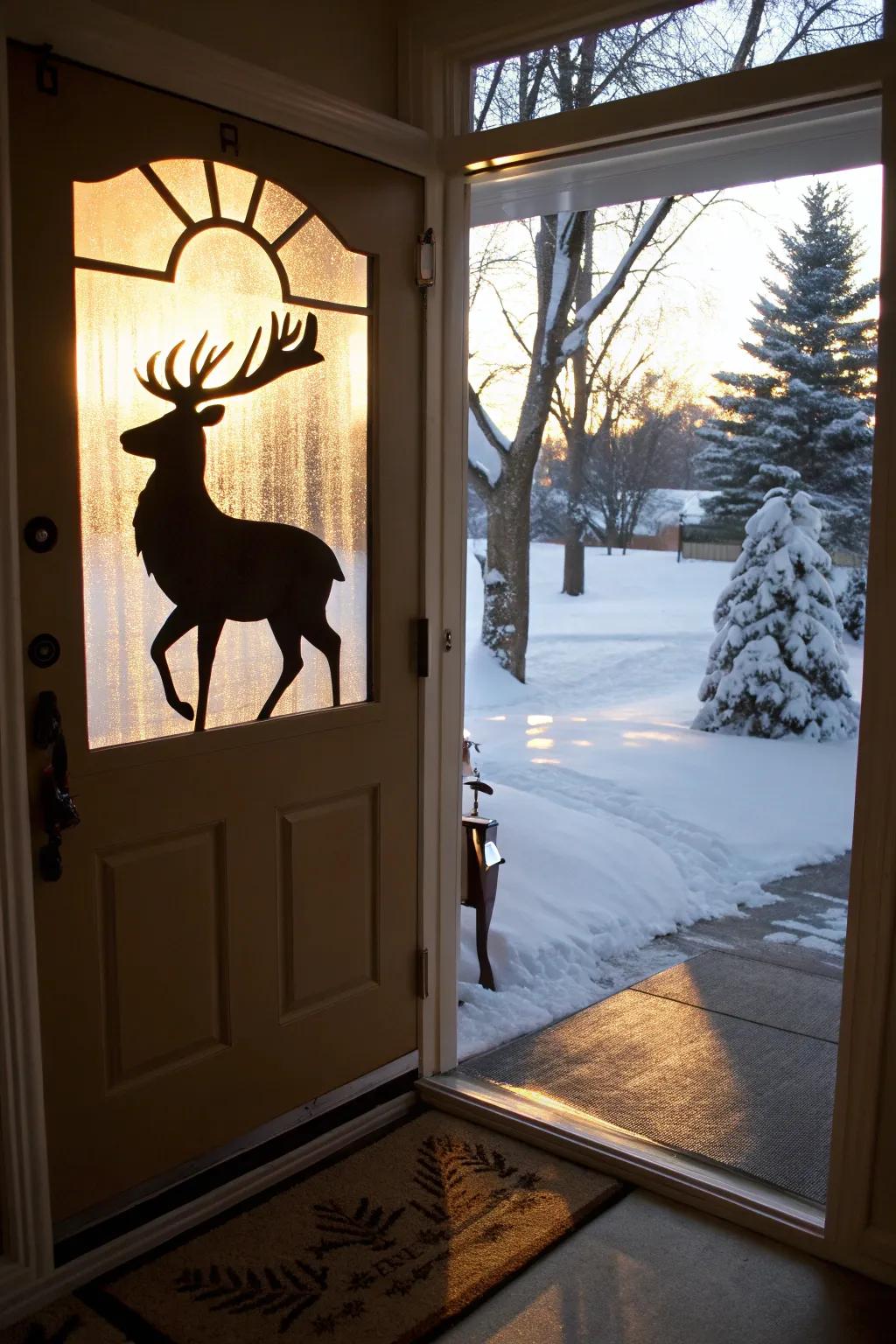 A whimsical reindeer silhouette on a front door