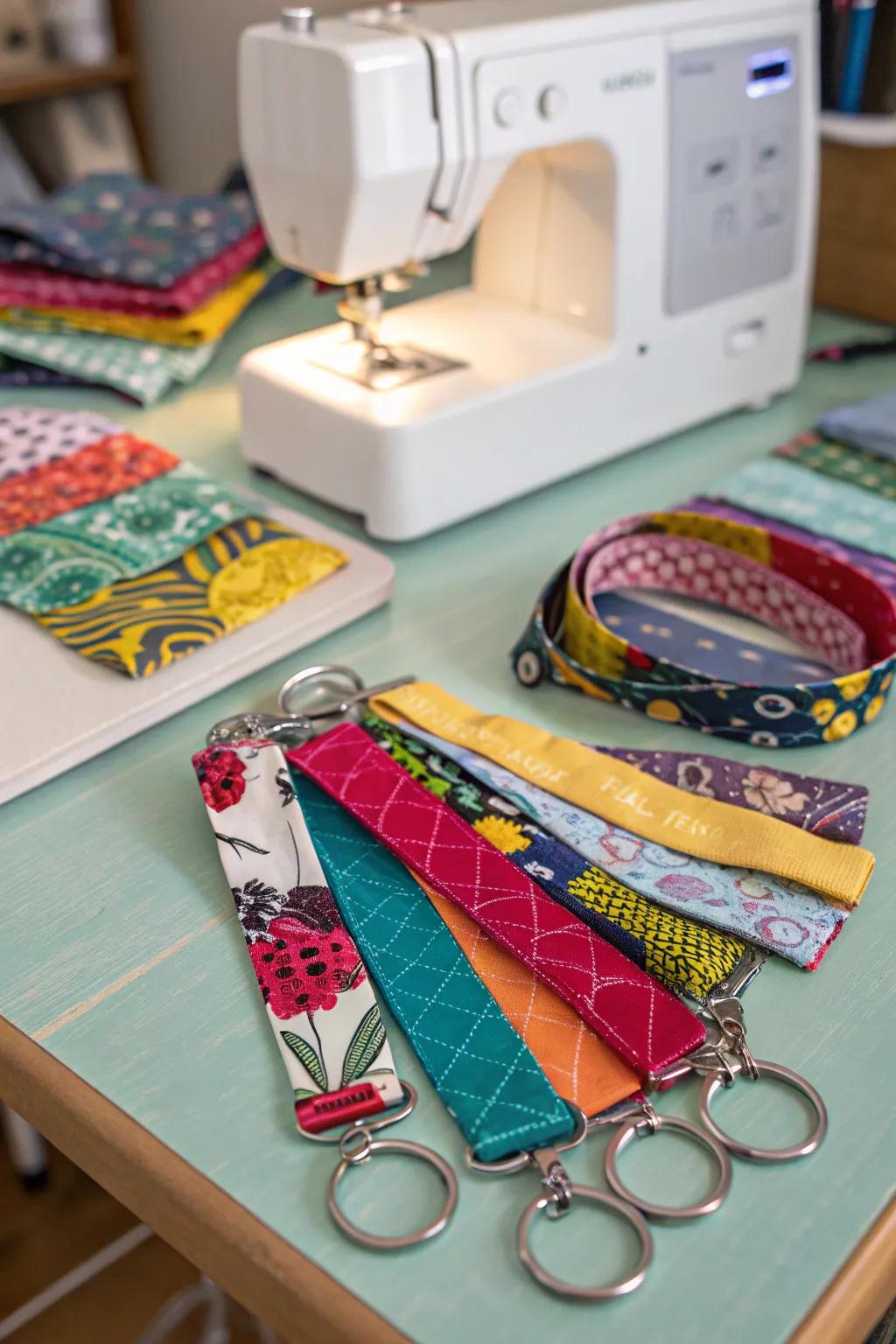 Sustainable style with fabric scrap keychains.