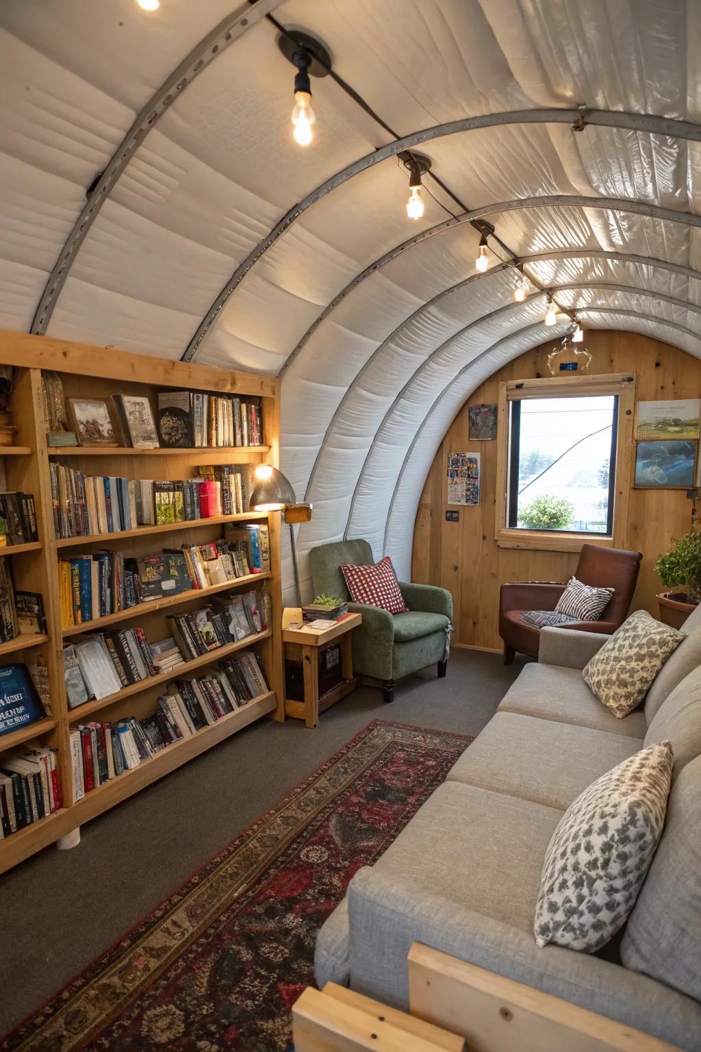 A quaint book nook nestled within a Quonset hut, perfect for reading.