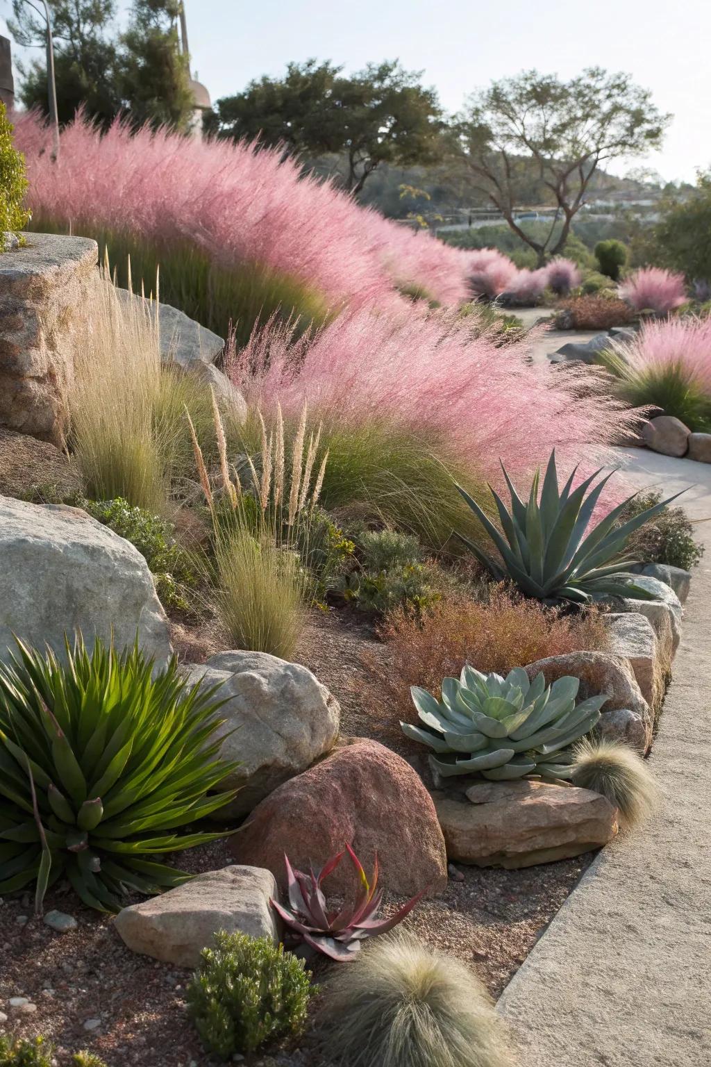 Combine pink muhly grass with succulents for texture contrast.