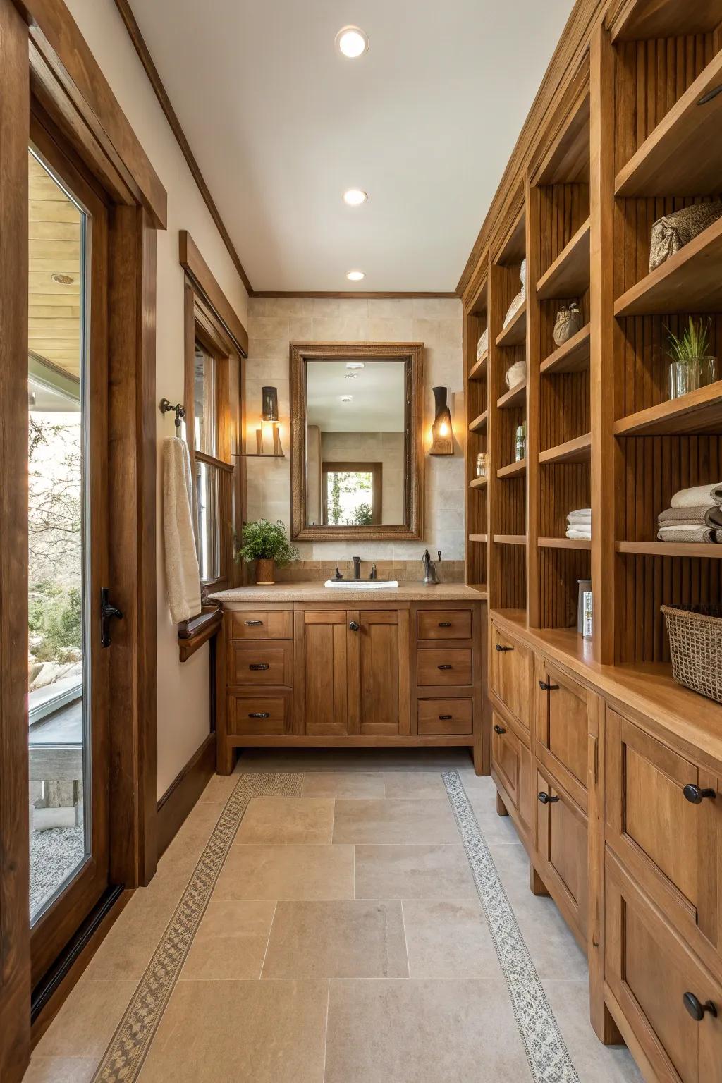 Wooden accents add warmth and texture to a long bathroom.